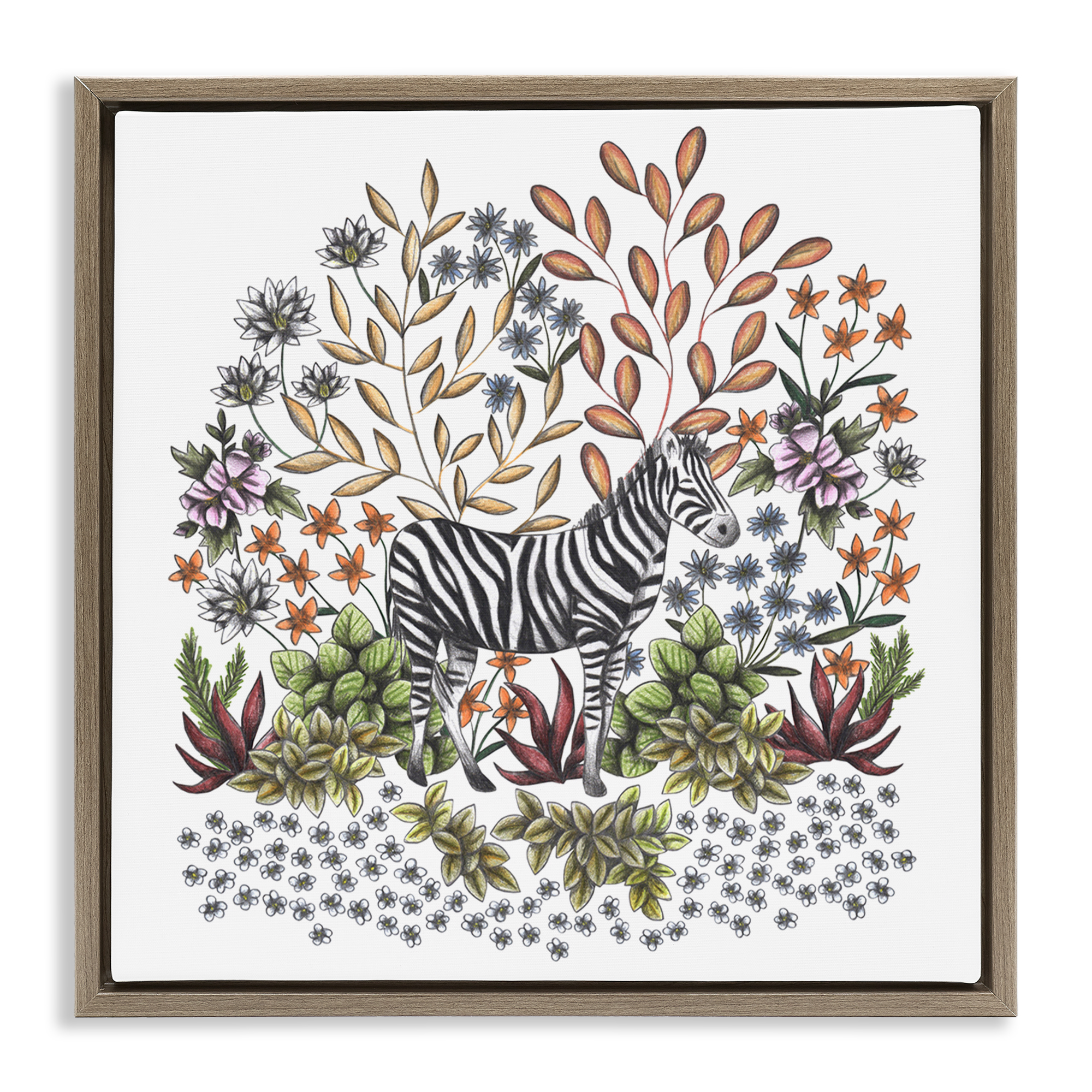 Jungle Wildlife Zebra Brown Framed Floater Canvas Wall Art, design by Cecilia Battaini