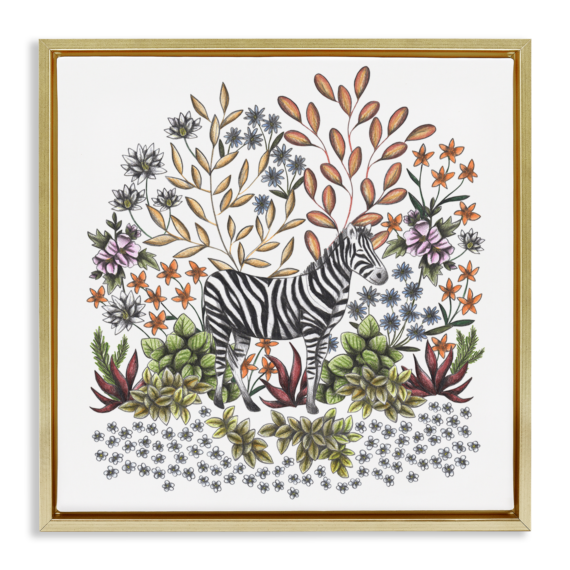 Jungle Wildlife Zebra Gold Framed Floater Canvas Wall Art, design by ...