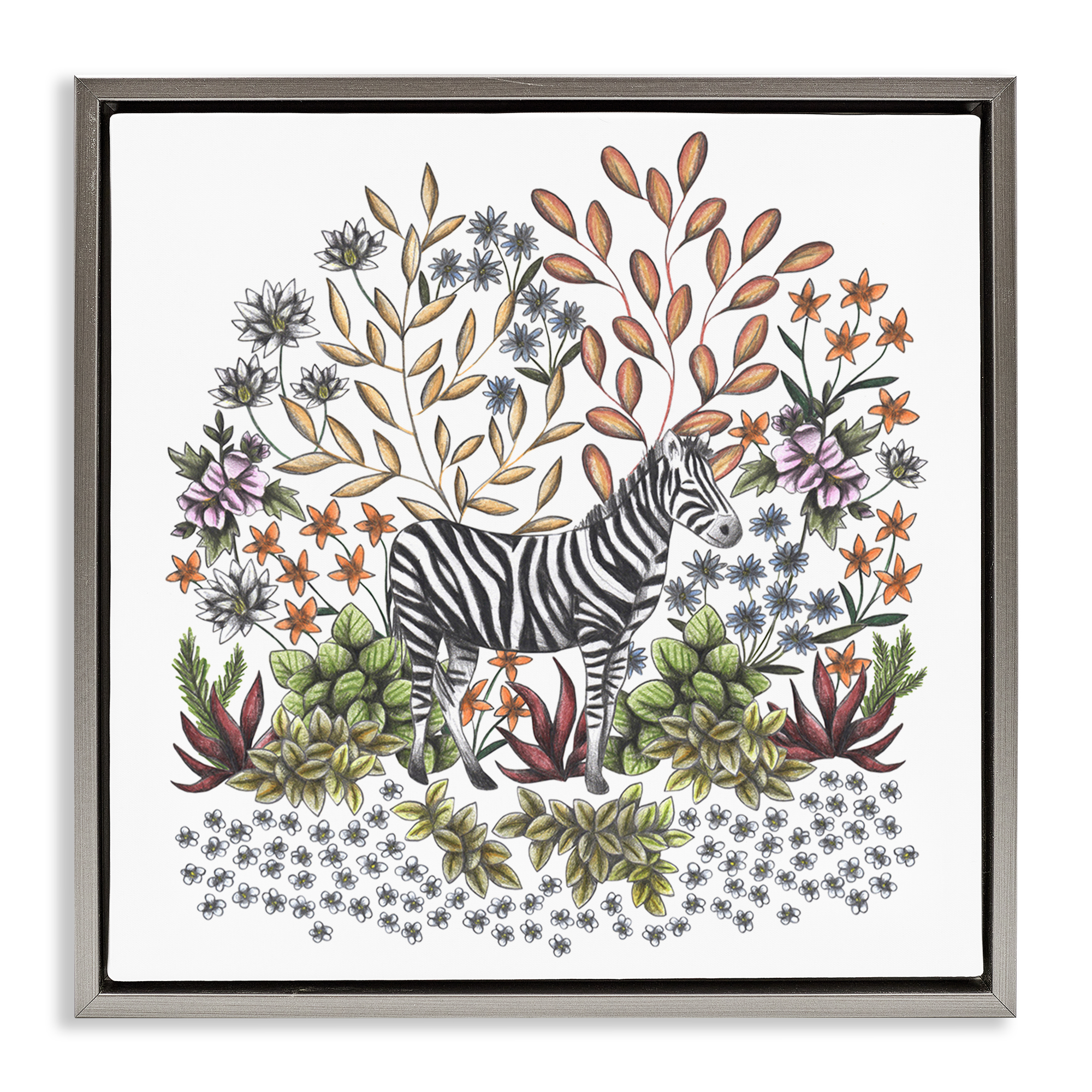 Jungle Wildlife Zebra Gray Framed Floater Canvas Wall Art, design by Cecilia Battaini