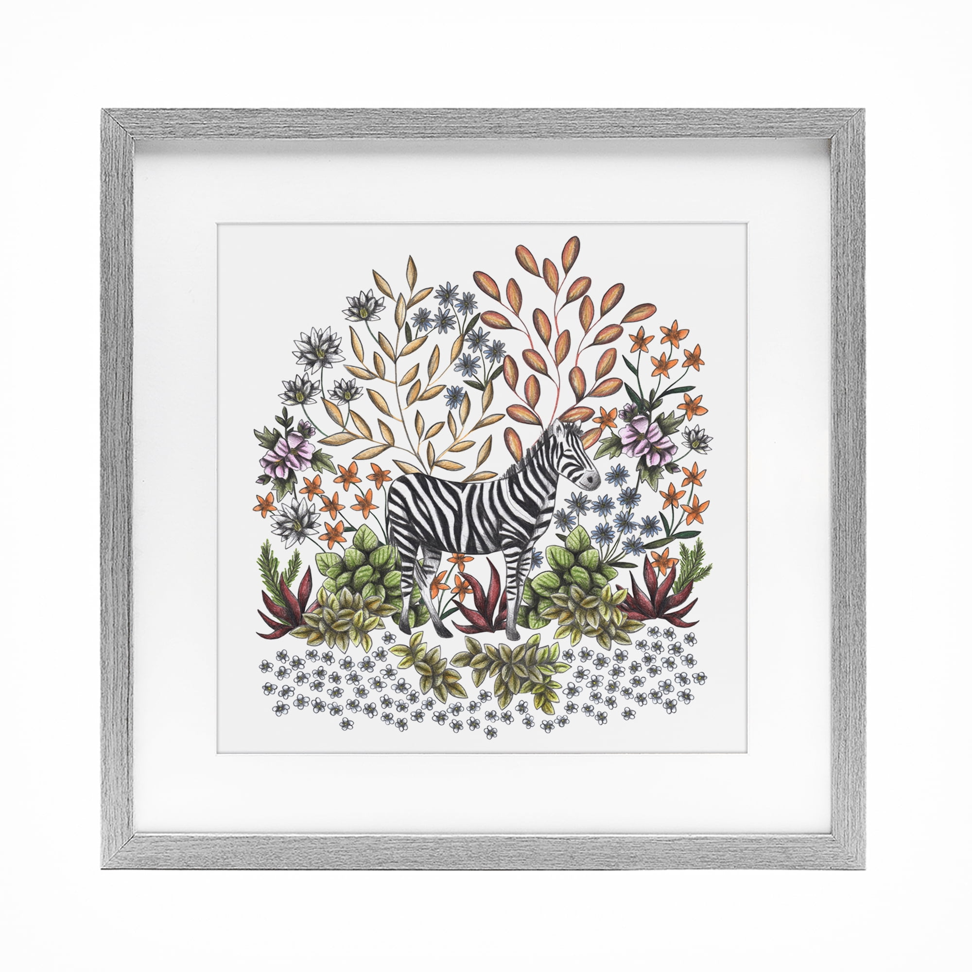 Jungle Wildlife Zebra Gray Framed Print Under Glass, design by Cecilia Battaini