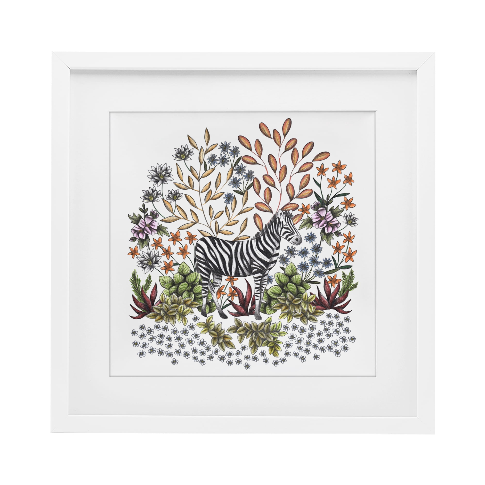 Jungle Wildlife Zebra White Framed Print Under Glass, design by Cecilia Battaini