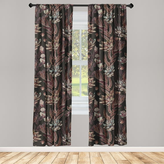 Jungle Window Curtains, Botanical Inspired Forest Motif of Fern Leaves and Succulents Pattern, Lightweight Decor 2-Panel Set with Rod Pocket, Pair of - 28"x63", Dark Maroon and Eggshell, by Ambesonne