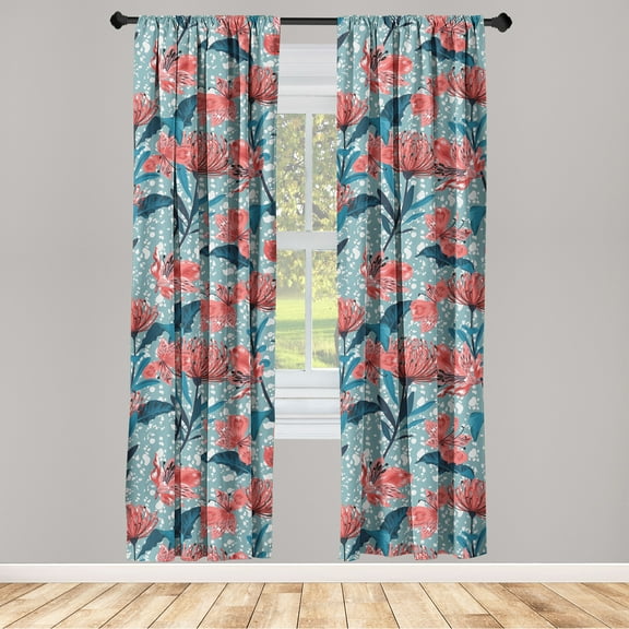 Jungle Window Curtains, Nature Art Blossoming Flower with Dark Turquoise Leaves on Dot Blots Back, Lightweight Decor 2-Panel Set with Rod Pocket, Pair of - 28"x63", Cadet Blue and Coral, by Ambesonne