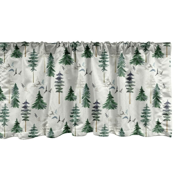 Jungle Window Valance, Autumn Designed Birds and Foggy Forest With Pine Trees and Birds, Curtain Valance for Kitchen Bedroom with Rod Pocket, 54" X 18", Eggshell Fern Green and Plum, by Ambesonne