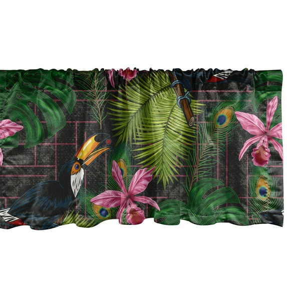 Jungle Window Valance, Toucans Palms Monsteras and Peacock Feathers on Geometric Maze Back, Curtain Valance for Kitchen Bedroom with Rod Pocket, 54" X 18", Pistachio Green Soft Pink, by Ambesonne
