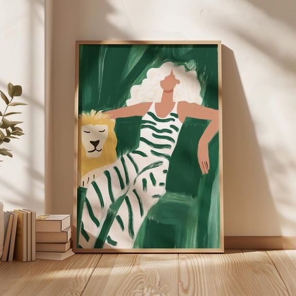 Jungle Woman And Lion Wall Art, Elegant Safari Decor, Modern Boho Print, Bold Aesthetic Artwork, Unique For Home Wall Art, Modern Wall Decor, 16x24 UNFRAMED