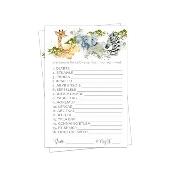Jungle Word Scramble Game Pack (25 Players) Boys Baby Shower Games - Unscramble Guessing Activity for Gender Reveal - Wild Safari Prince Theme - Printed Event Supplies - Paper Clever Party