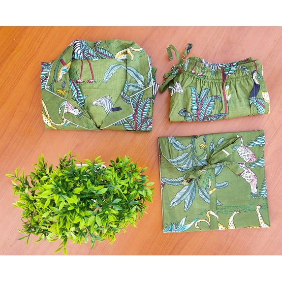 Jungle l Print short Pajamas,Jungle Print Pure Cotton Pj’s, Pajamas Set ,Indian Cotton,Night Wear, Soft Cotton Night Suit-