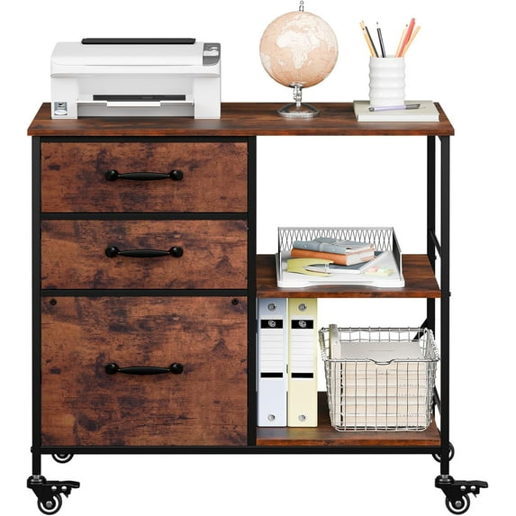 JungleA 3 Drawer Mobile File Cabinet, with 3 Fabric Drawers and 2 Shelves, Mobile Storage Organizer Cart for Office, Study Room, Library, Burnt Texture