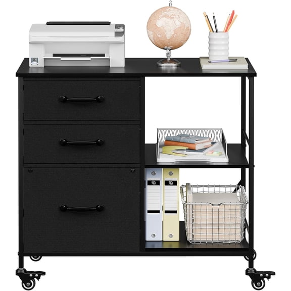 JungleA 3 Drawer Mobile File Cabinet, with 3 Fabric Drawers and 2 Shelves, Mobile Storage Organizer Cart for Office, Study Room, Library, Black