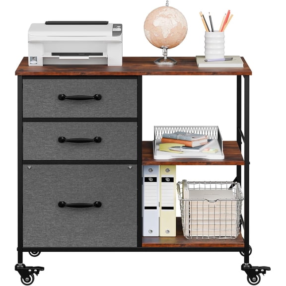 JungleA 3 Drawer Mobile File Cabinet, with 3 Fabric Drawers and 2 Shelves, Mobile Storage Organizer Cart for Office, Study Room, Library, Dark Gray