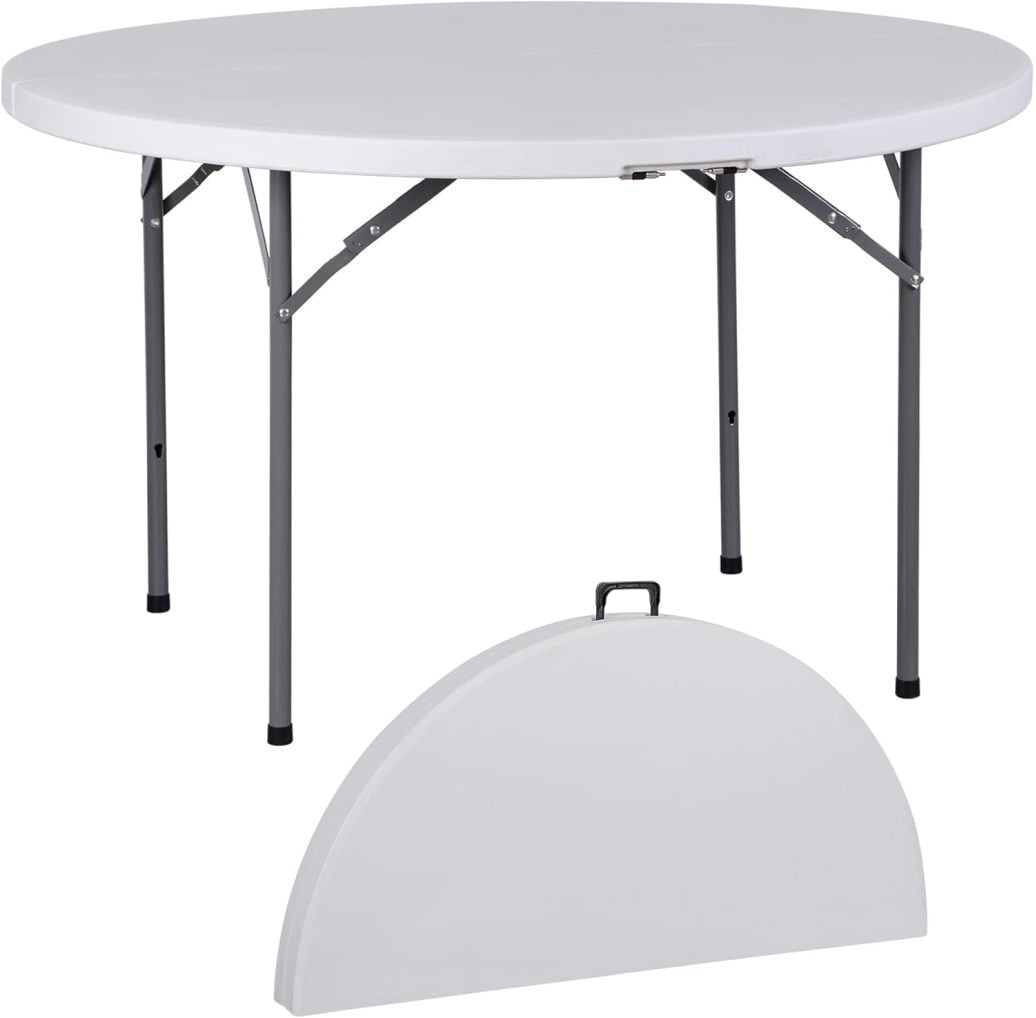 JungleA Round Folding Table 4 Ft, Indoor Outdoor Portable Plastic Table Bi-Fold, with Handle for Event Party, 48 x 48 x 29 in, White