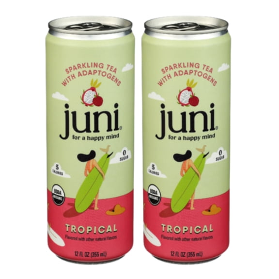 Juni Organic Tropical Sparkling Tea with Adaptogens, 12 fl oz Cans (2 Pack)