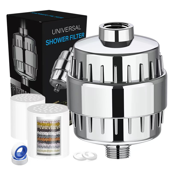 JuniShu 20 level high output shower filter - hard water filter, 99% removal of chlorine, fluoride, heavy metals, and harmful impurities, household shower head filtration combination set,silvery