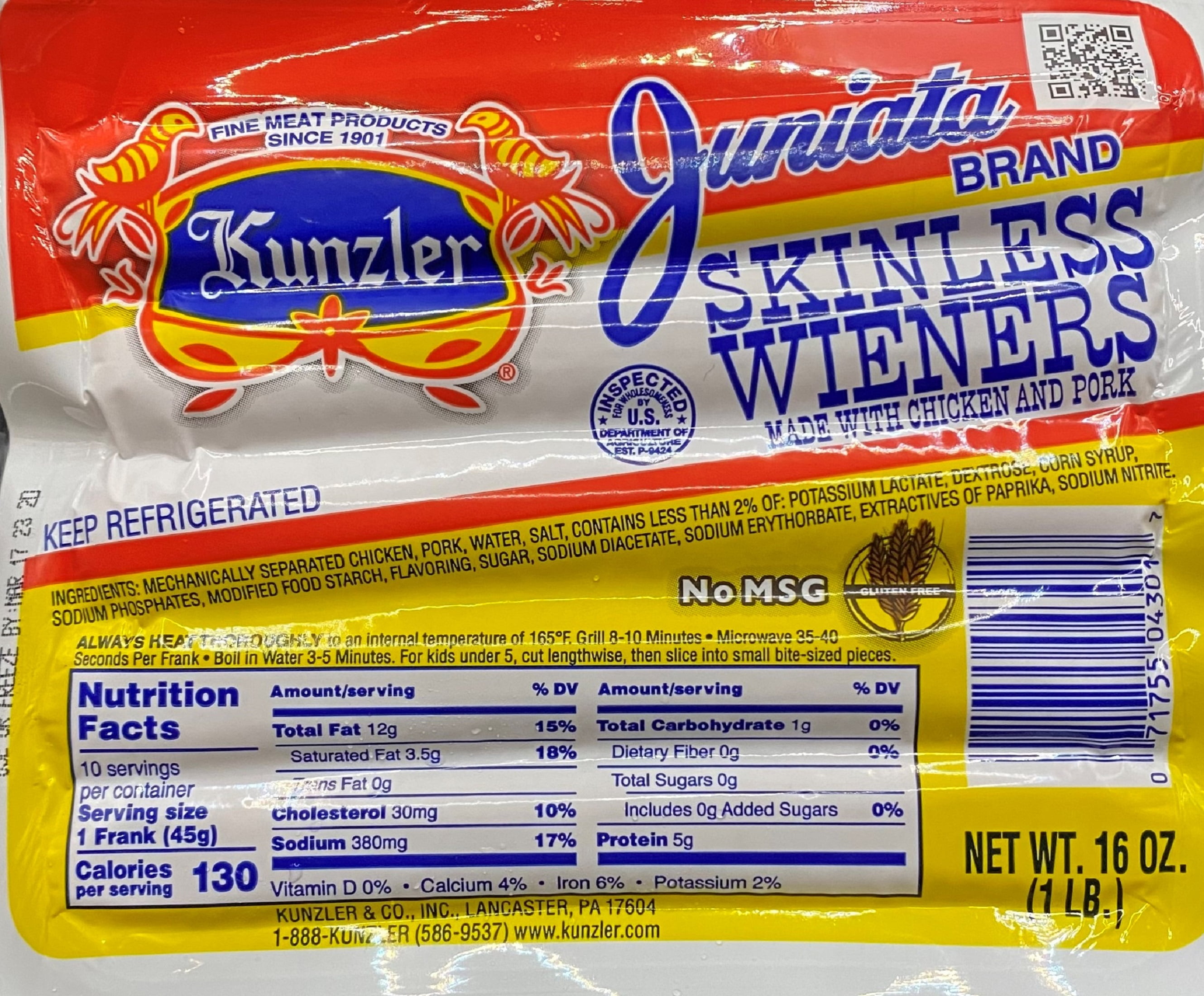 Juniata Skinless Hot Dogs, Chicken & Pork, 10 Pack, 16 oz, 5g of