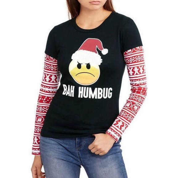 Junior' Bah Hum Bug Emoji 2fer Long Sleeve Tee