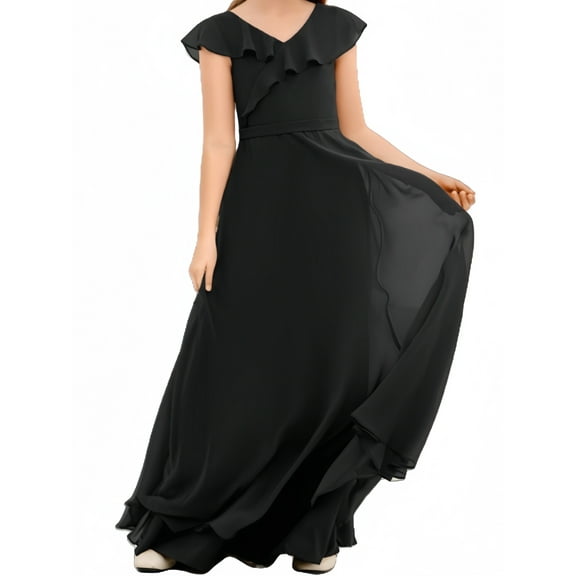 Junior Bridesmaid Dresses Chiffon Flower Girl Dress Girls Spaghetti Straps Party Pageant Gown -Black-2Y