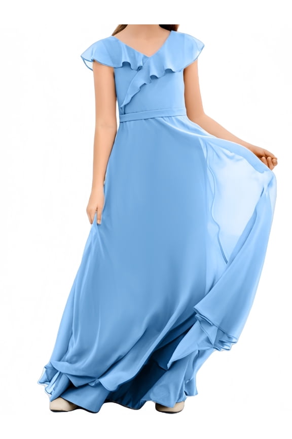 Junior Bridesmaid Dresses Chiffon Flower Girl Dress Girls Spaghetti Straps Party Pageant Gown -Blue-10Y