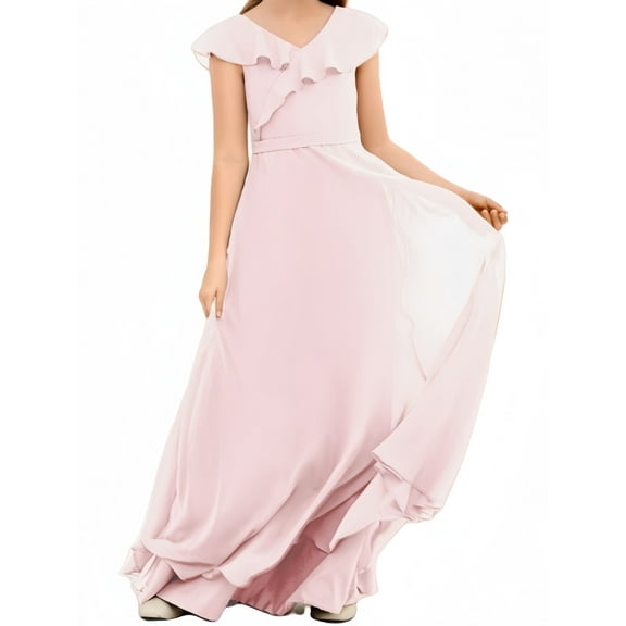 Junior Bridesmaid Dresses Chiffon Flower Girl Dress Girls Spaghetti Straps Party Pageant Gown -Blushing pink-14Y