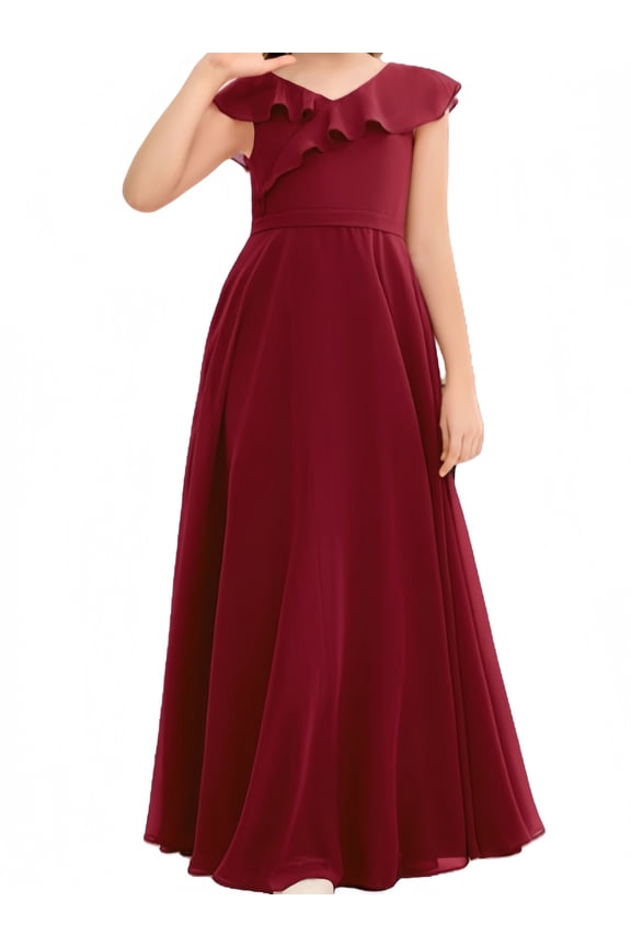 Junior Bridesmaid Dresses Chiffon Flower Girl Dress Girls Spaghetti Straps Party Pageant Gown -Burgundy-14Y