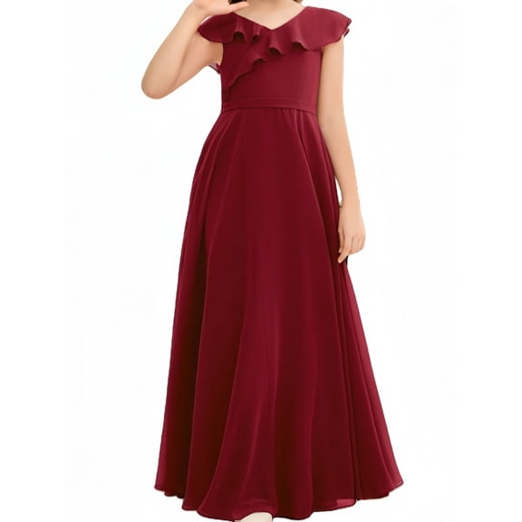Junior Bridesmaid Dresses Chiffon Flower Girl Dress Girls Spaghetti Straps Party Pageant Gown -Burgundy-14Y