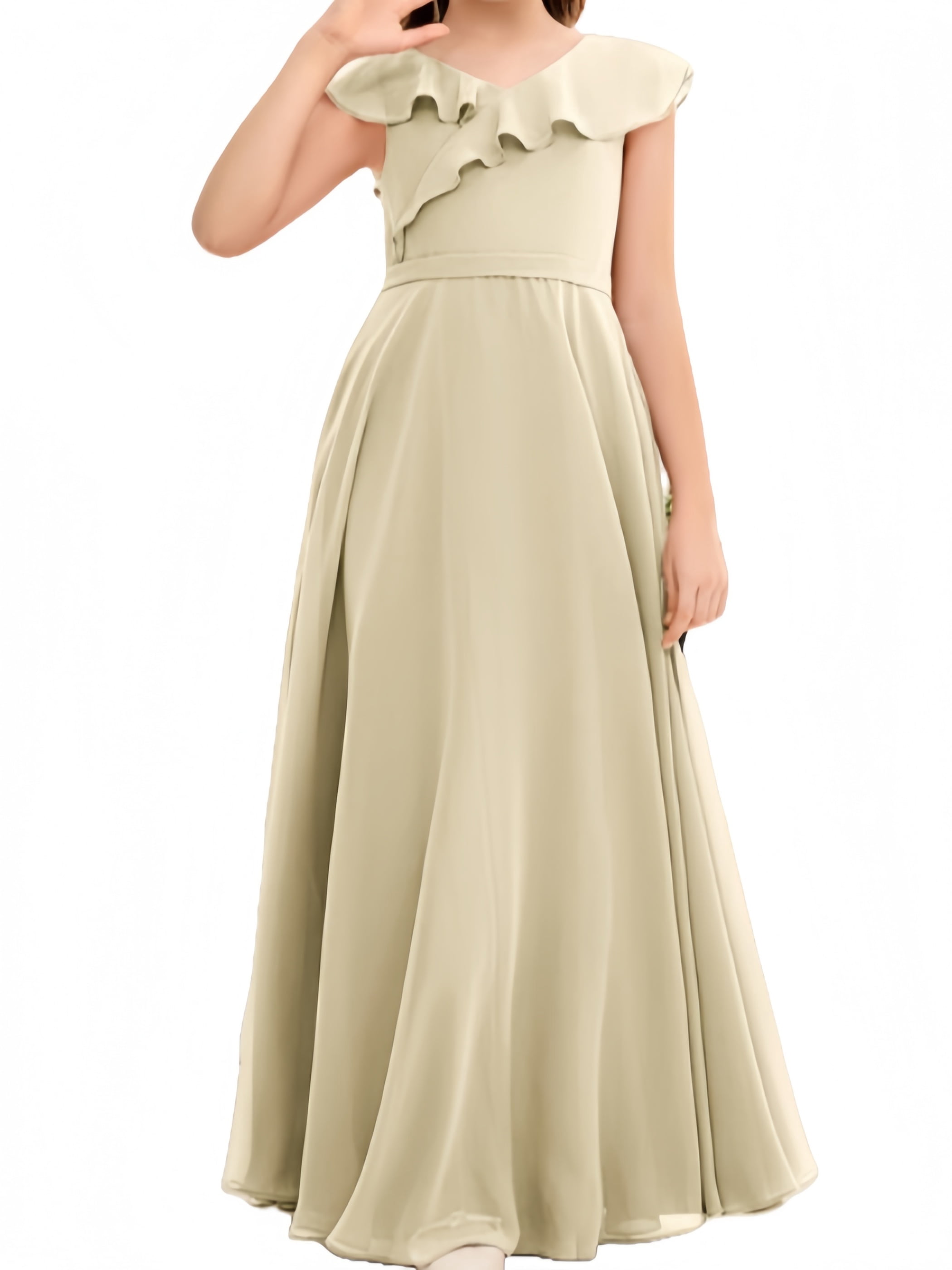 jr bridesmaid dresses champagne Junior Chiffon Flower Girl Dress Girls Spaghetti Straps Party Pageant Gown -Lemon-8Y With its delicate halter