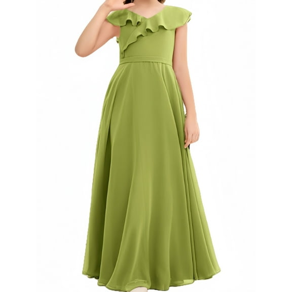 Junior Bridesmaid Dresses Chiffon Flower Girl Dress Girls Spaghetti Straps Party Pageant Gown -Clover-10Y