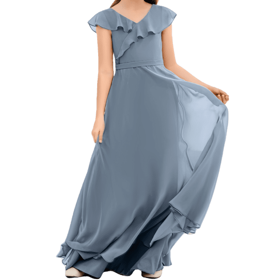 Junior Bridesmaid Dresses Chiffon Flower Girl Dress Girls Spaghetti Straps Party Pageant Gown -Dusty Blue-12Y