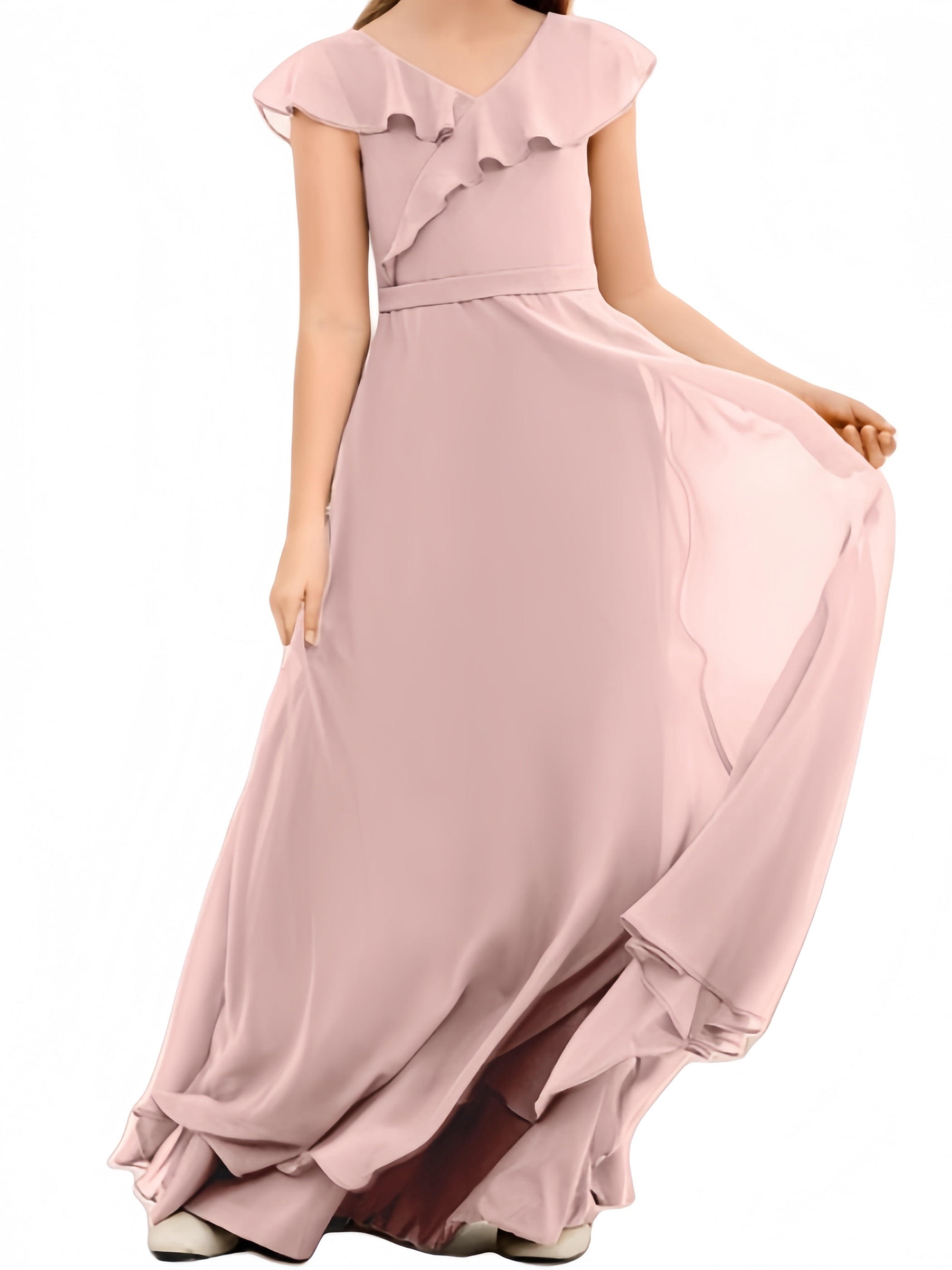 Junior Bridesmaid Dresses Chiffon Flower Girl Dress Girls Spaghetti Straps Party Pageant Gown -Blushing pink-4Y
