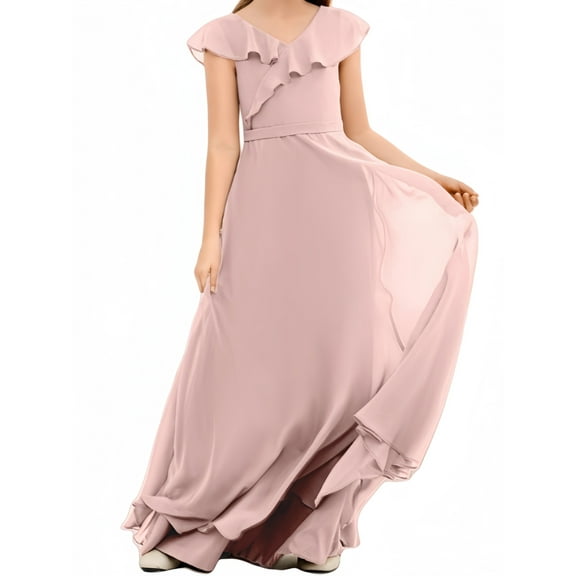 Junior Bridesmaid Dresses Chiffon Flower Girl Dress Girls Spaghetti Straps Party Pageant Gown -Dusty rose-10Y