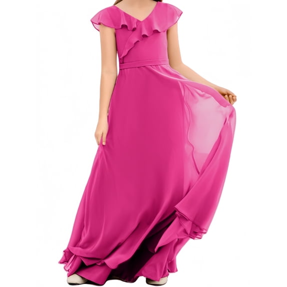 Junior Bridesmaid Dresses Chiffon Flower Girl Dress Girls Spaghetti Straps Party Pageant Gown -Fuchsia-14Y