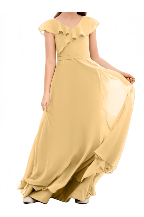 Junior Bridesmaid Dresses Chiffon Flower Girl Dress Girls Spaghetti Straps Party Pageant Gown -Gold-12Y