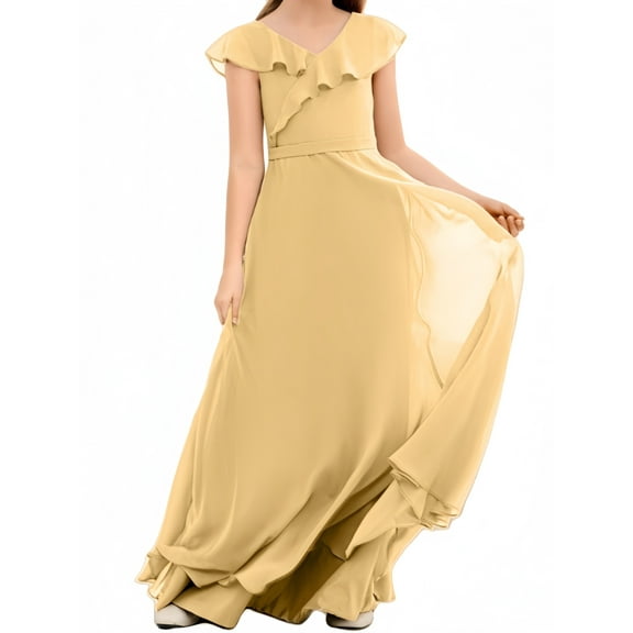 Junior Bridesmaid Dresses Chiffon Flower Girl Dress Girls Spaghetti Straps Party Pageant Gown -Gold-14Y