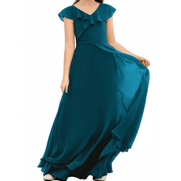 Junior Bridesmaid Dresses Chiffon Flower Girl Dress Girls Spaghetti Straps Party Pageant Gown -Ink blue-12Y