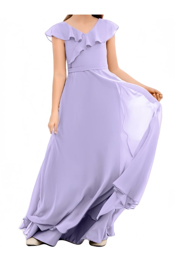 Junior Bridesmaid Dresses Chiffon Flower Girl Dress Girls Spaghetti Straps Party Pageant Gown -Lilac-14Y