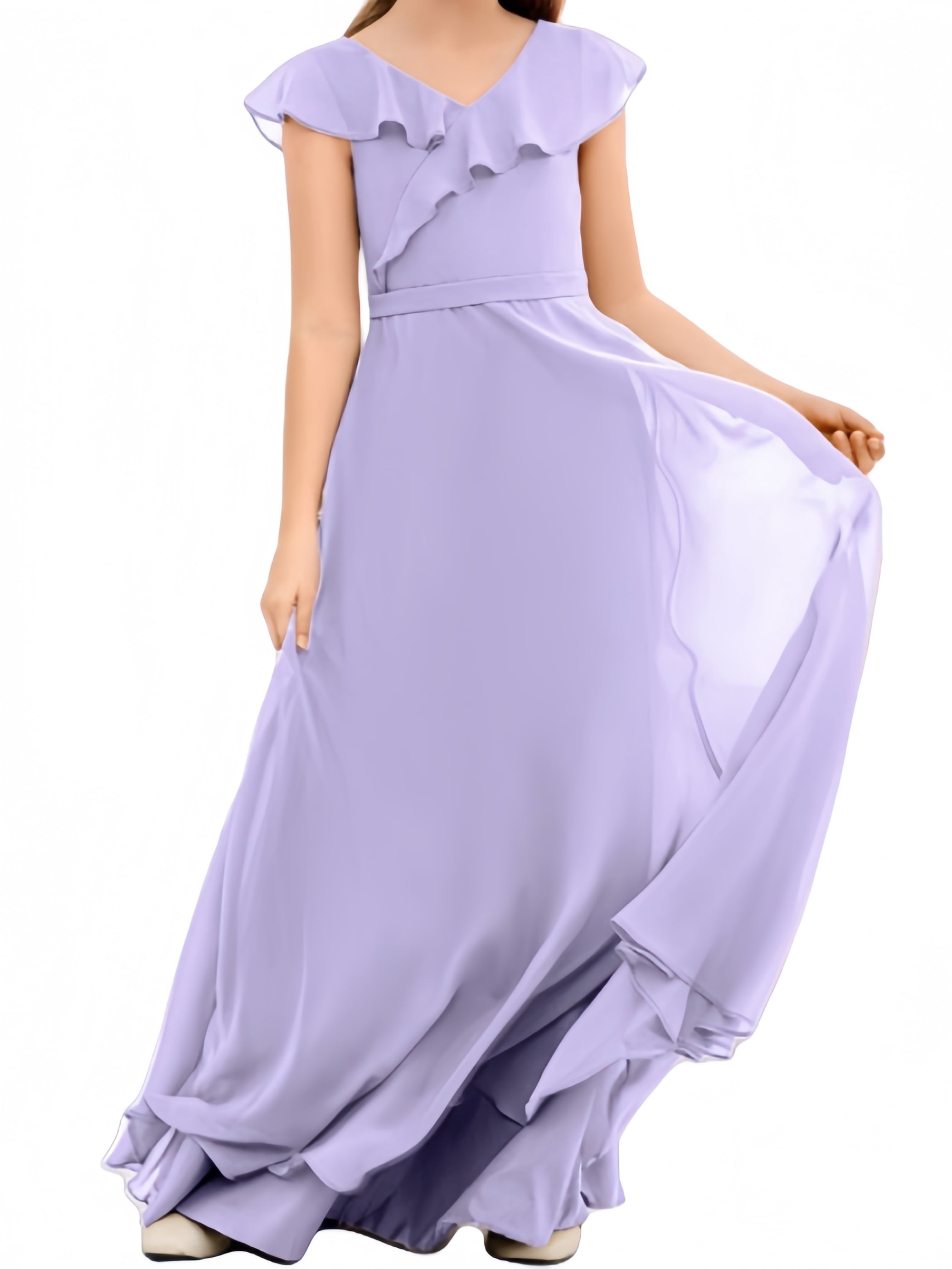 Junior Bridesmaid Dresses Chiffon Flower Girl Dress Girls Spaghetti Straps Party Pageant Gown -Lilac-2Y