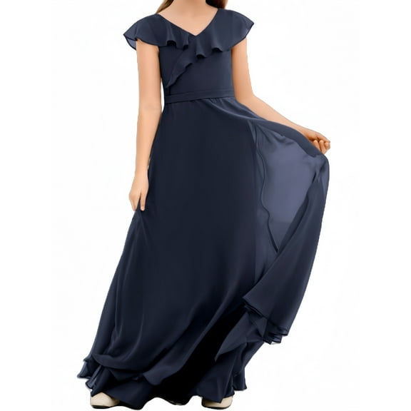 Junior Bridesmaid Dresses Chiffon Flower Girl Dress Girls Spaghetti Straps Party Pageant Gown -Navy Blue-12Y