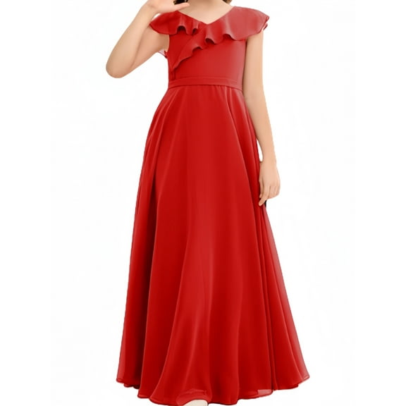 Junior Bridesmaid Dresses Chiffon Flower Girl Dress Girls Spaghetti Straps Party Pageant Gown -Red-14Y
