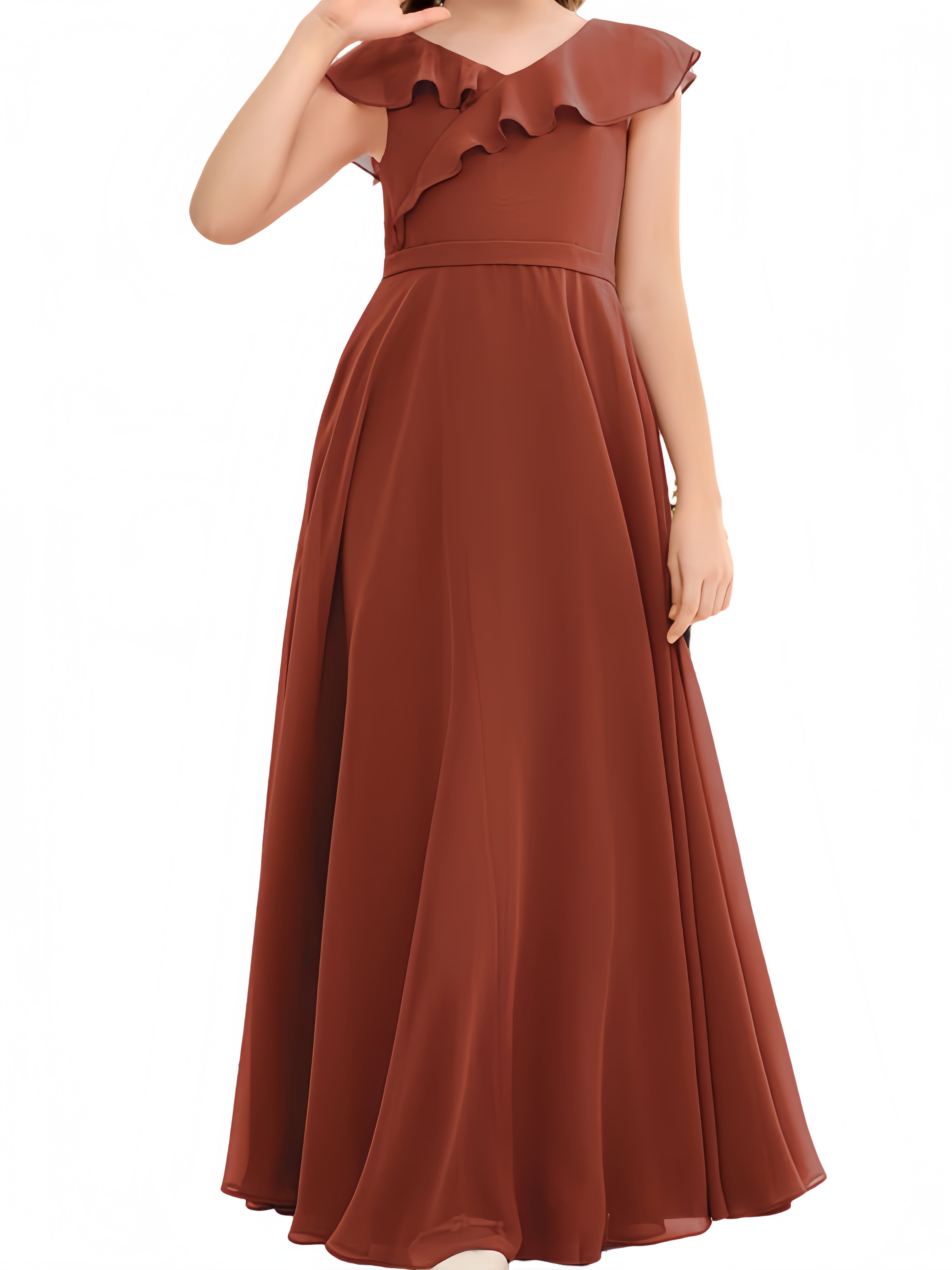 bridesmaid dresses with sleeves modest Junior Bridesmaid Dress High-Low Chiffon Gown COCOMELODY B0CJDQ8SB2 main image 0