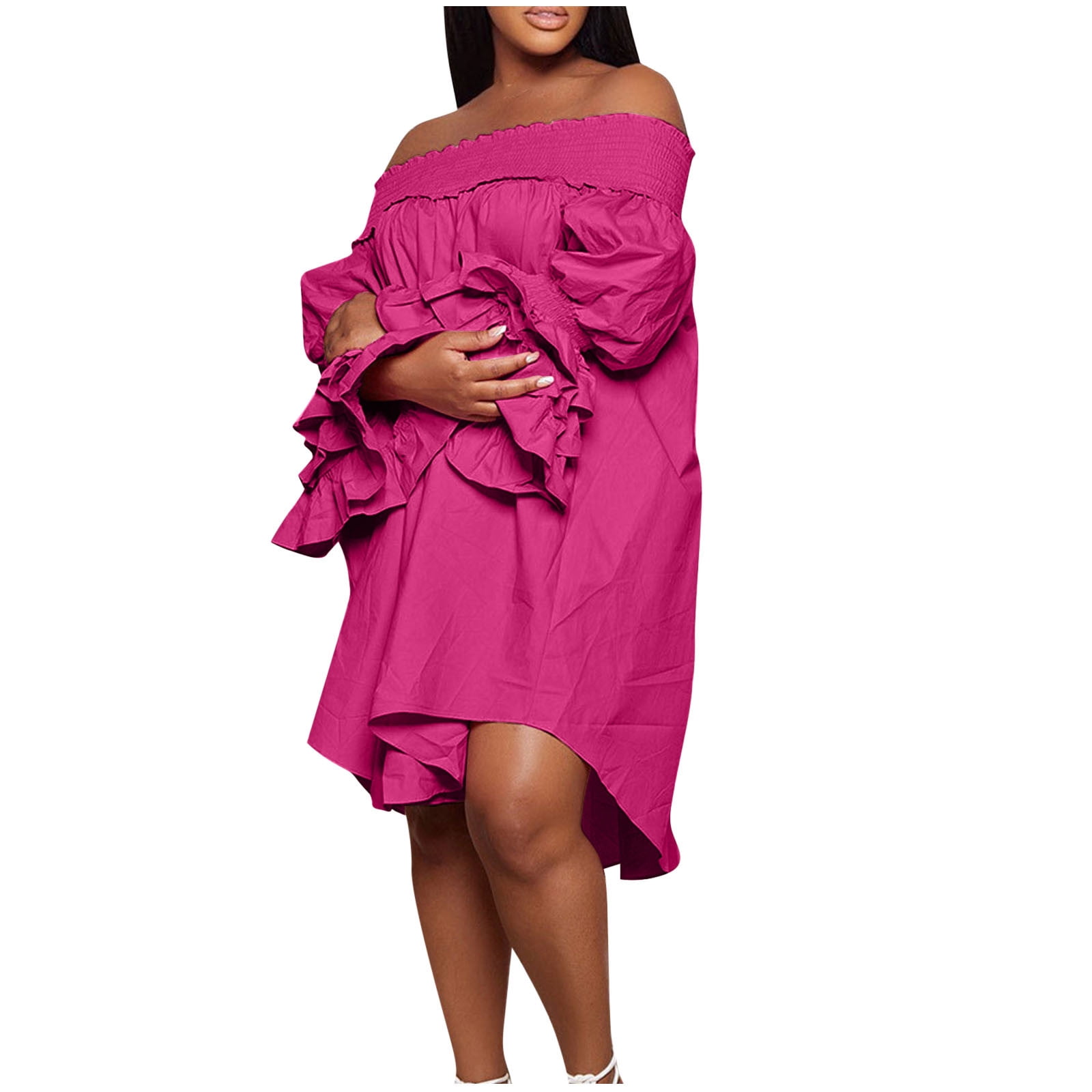 Mrat Junior Bridesmaid Dresses Off Shoulder Dress for Women A-Line Ruffle Sleeve Casual Plus Size Midi Pleated Sundress Flowy Dress S-219 Hot Pink-A M