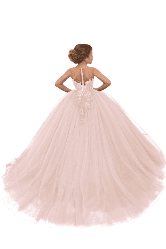 Junior Bridesmaid Dresses Tulle Round Neck Long Train Puff Ball Gown Flower Girl Dress for Teens Girls Formal Dress Elegant Party Wear Blushing Pink-10Y