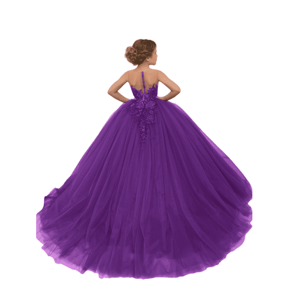 Junior Bridesmaid Dresses Tulle Round Neck Long Train Puff Ball Gown Flower Girl Dress for Teens Girls Formal Dress Elegant Party Wear Grape-10Y