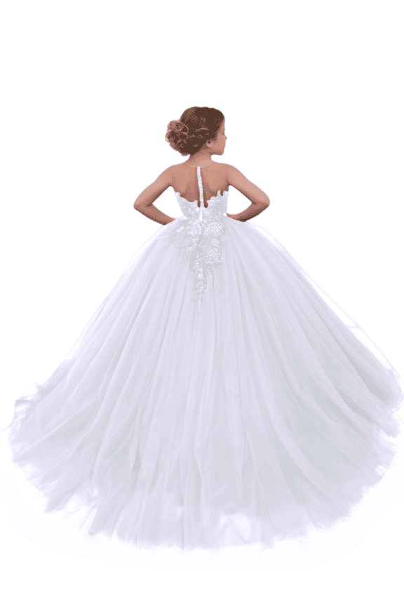 Junior Bridesmaid Dresses Tulle Round Neck Long Train Puff Ball Gown Flower Girl Dress for Teens Girls Formal Dress Elegant Party Wear White-2Y