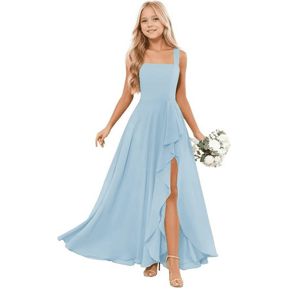 Junior Bridesmaid Dresses for Girls Formal Dress with Spaghetti Straps High Slit Skirt Elegant Teen Dresses Perfect for Weddings Parties