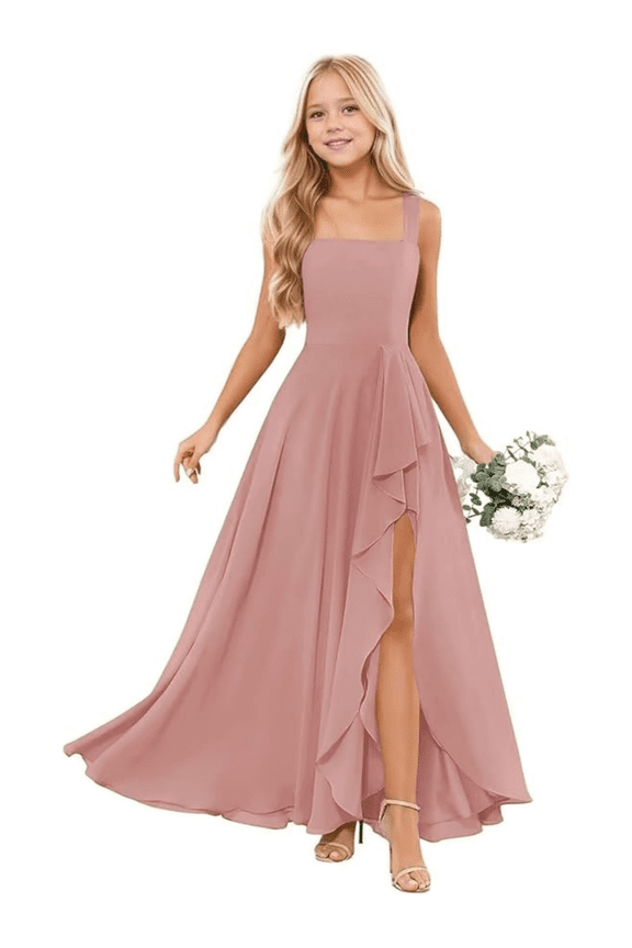 Junior Bridesmaid Dresses for Girls Formal Dress with Spaghetti Straps High Slit Skirt Elegant Teen Dresses Perfect for Weddings Parties