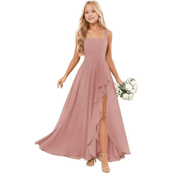 Junior Bridesmaid Dresses for Girls Formal Dress with Spaghetti Straps High Slit Skirt Elegant Teen Dresses Perfect for Weddings Parties