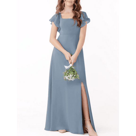 Junior Bridesmaid Dresses with Ruffle Short Sleeves High Slit Skirt Elegant Flower Girl Dress for Teens Wedding Party for Special Occasions