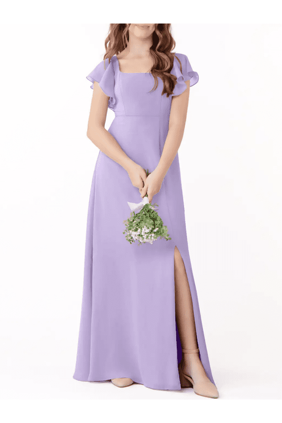 Junior Bridesmaid Dresses with Ruffle Short Sleeves High Slit Skirt Elegant Flower Girl Dress for Teens Wedding Party for Special Occasions