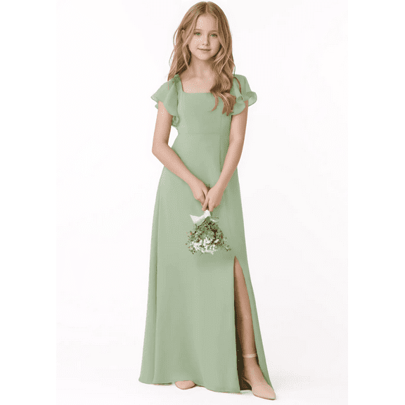 Junior Bridesmaid Dresses with Ruffle Short Sleeves High Slit Skirt Elegant Flower Girl Dress for Teens Wedding Party for Special Occasions