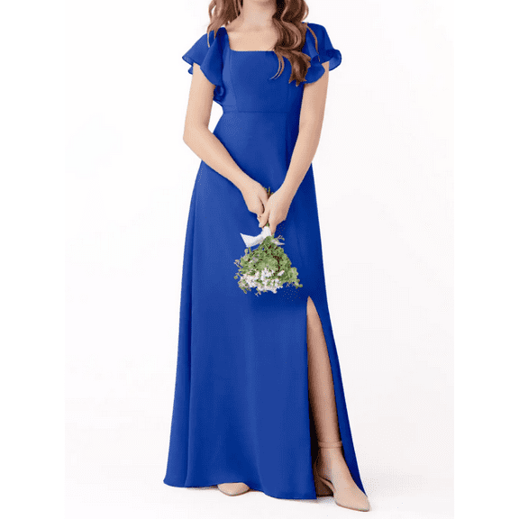 Junior Bridesmaid Dresses with Ruffle Short Sleeves High Slit Skirt Elegant Flower Girl Dress for Teens Wedding Party for Special Occasions